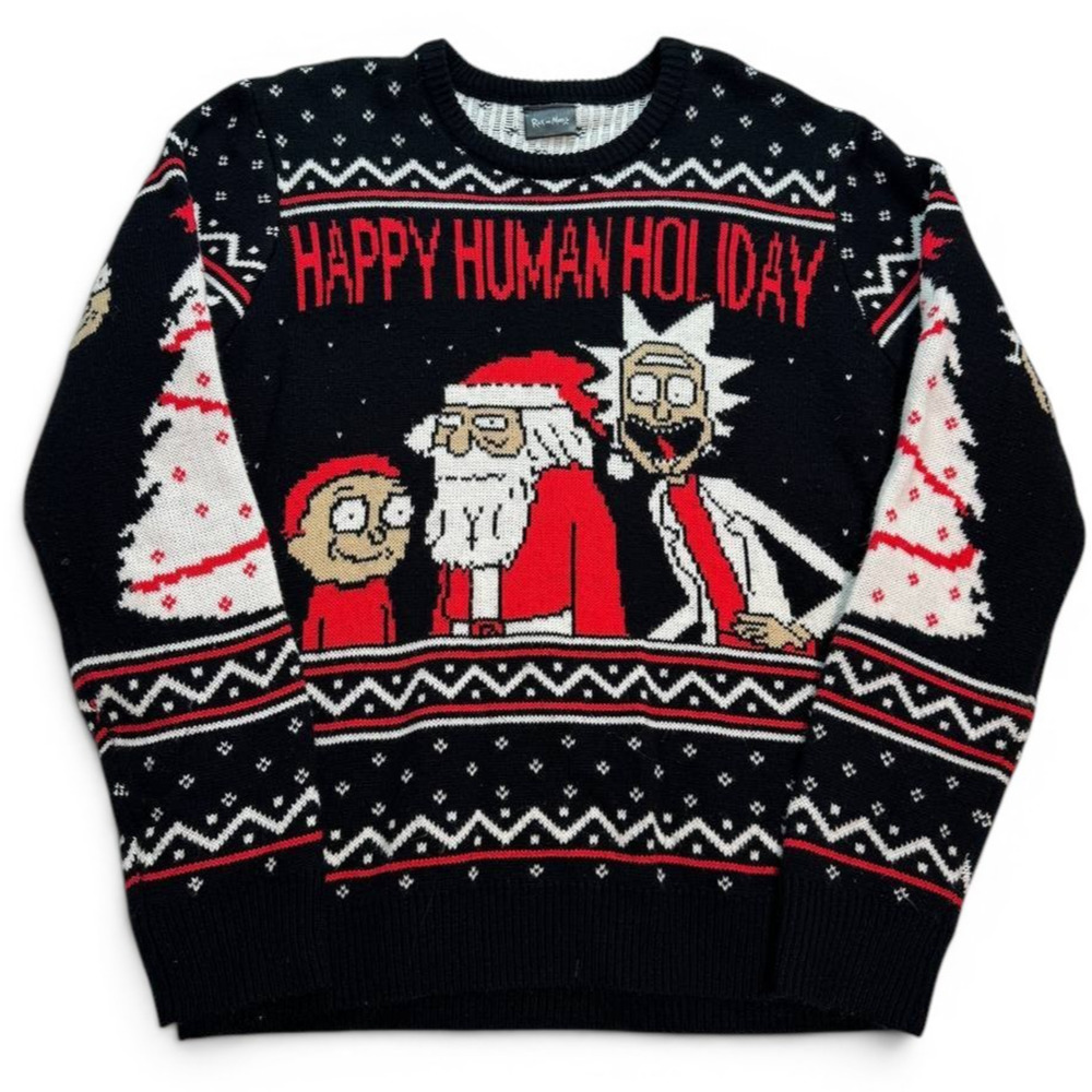 Rick and Morty Happy Human Holiday Ugly Christmas Sweater Mens Size M Black